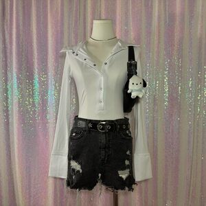 white lined long sleeve button-up collar bodysuit